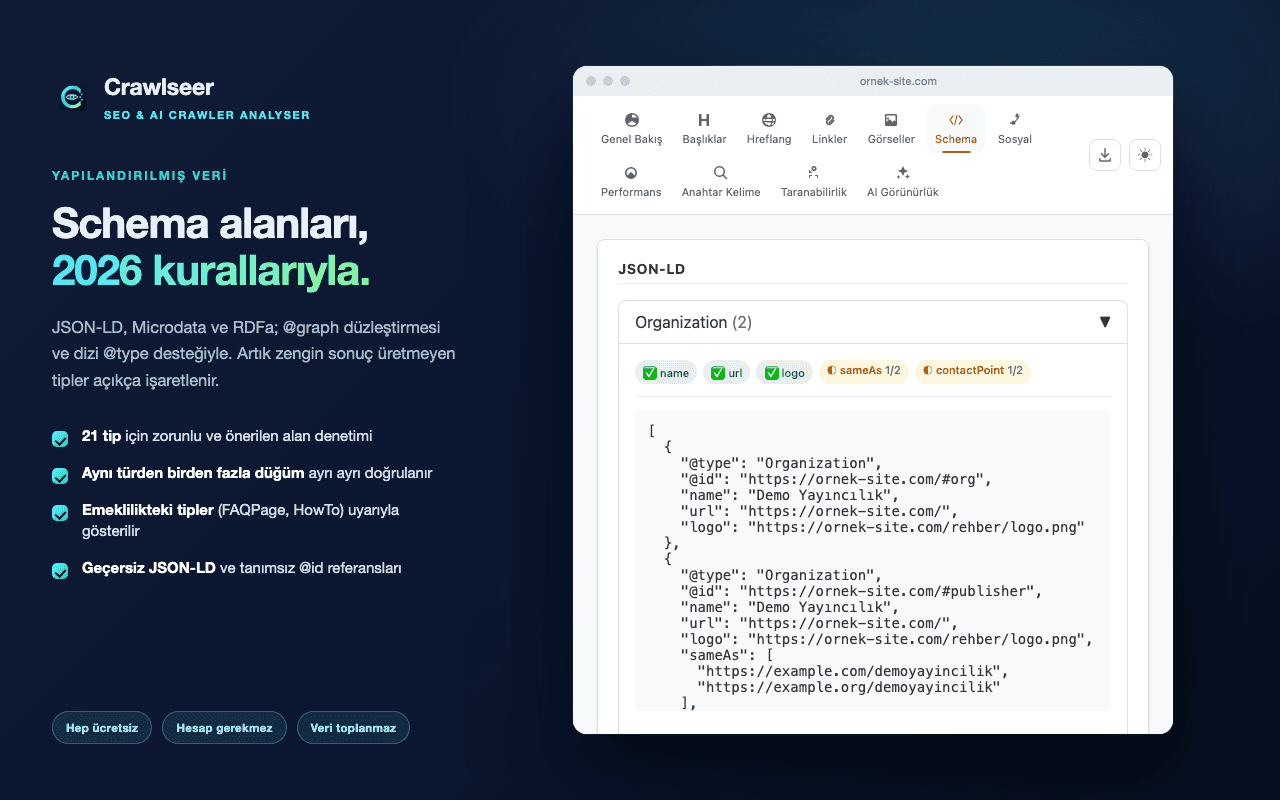 Schema sekmesi: Organization tipinde alan doğrulama rozetleri ve JSON-LD dökümü